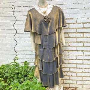 Patra Vintage Green Gold/bronze metallic Layered Midi dress sz14